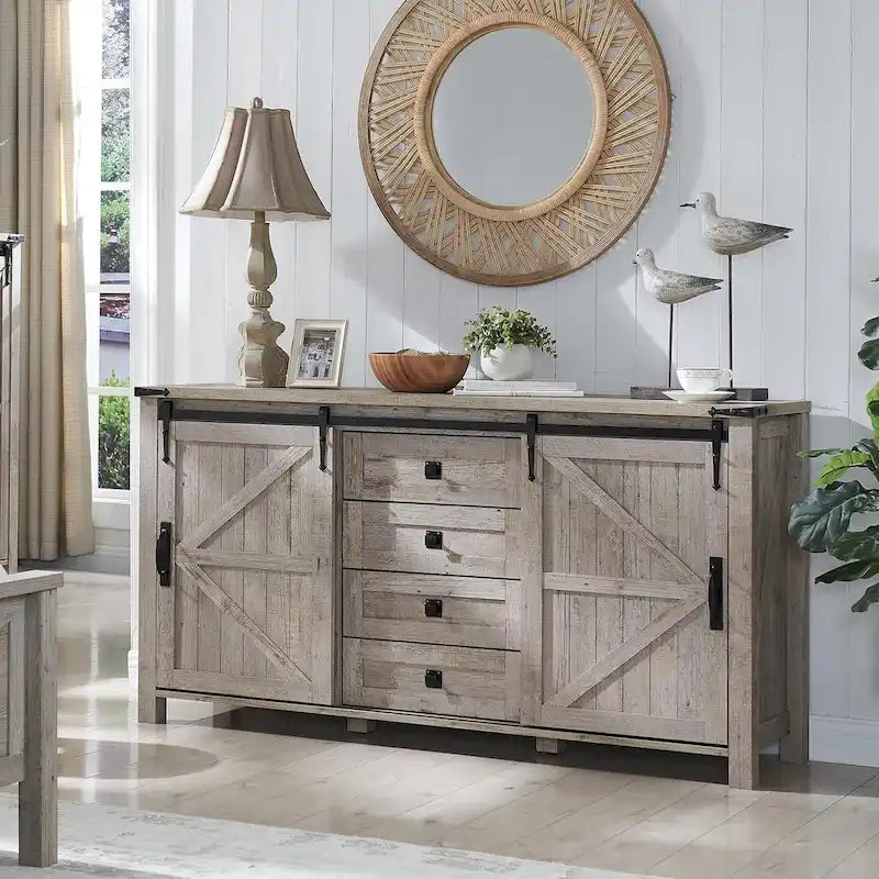 Farmhouse Dresser with Sliding Barn Doors and 4 Drawers Dark Rustic