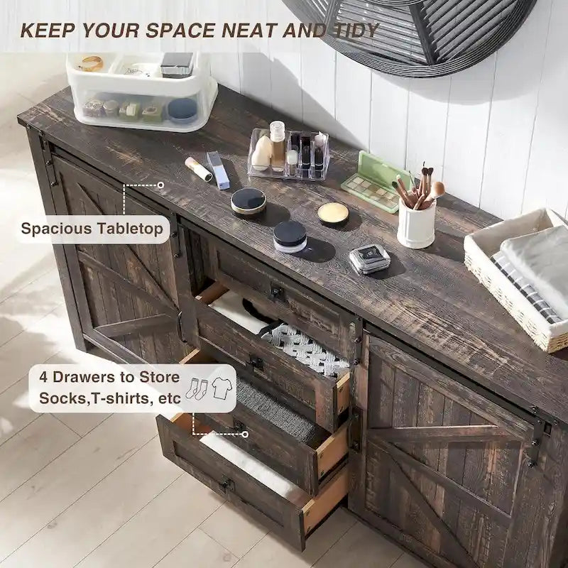Farmhouse Dresser with Sliding Barn Doors and 4 Drawers Dark Rustic
