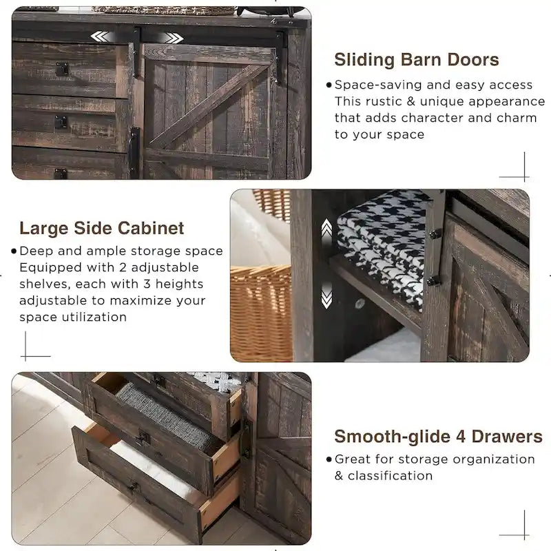 Farmhouse Dresser with Sliding Barn Doors and 4 Drawers Dark Rustic