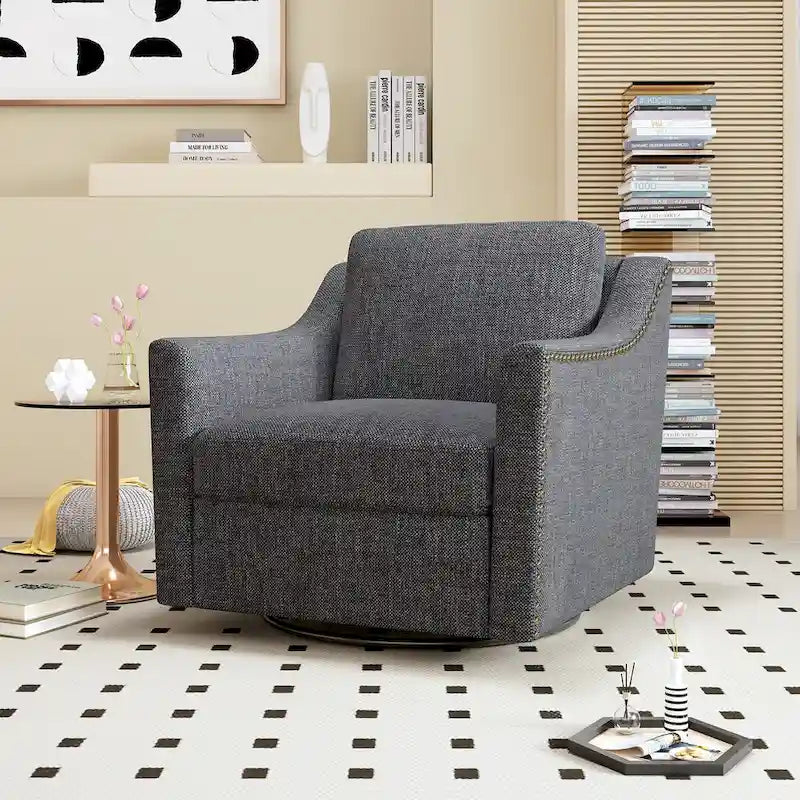 Modern Black Grey Linen Swivel Accent Armchair with Nailhead Trim