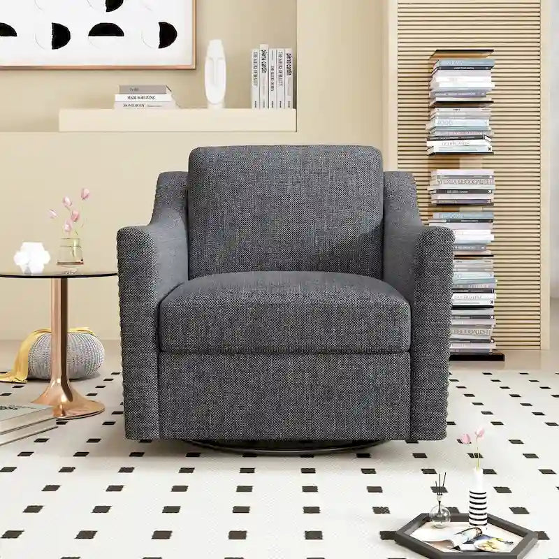Modern Black Grey Linen Swivel Accent Armchair with Nailhead Trim