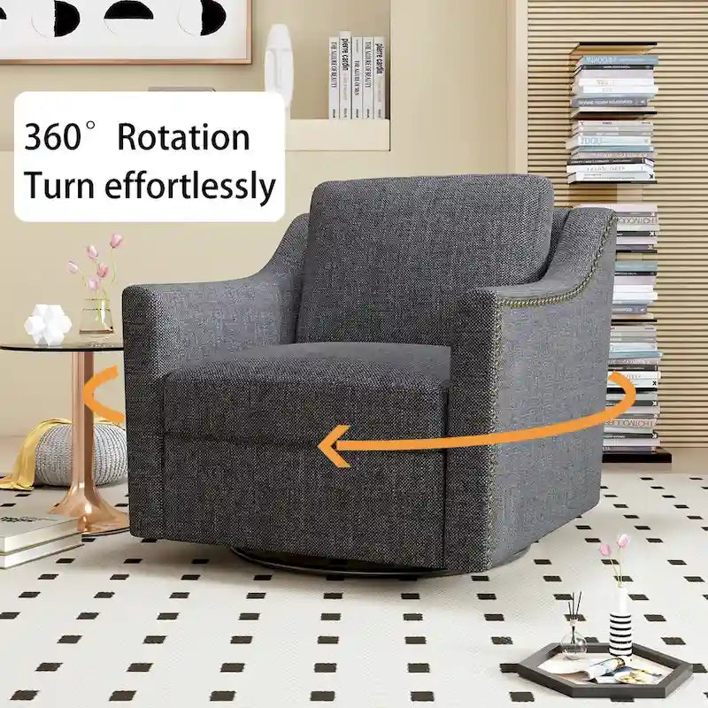 Modern Black Grey Linen Swivel Accent Armchair with Nailhead Trim