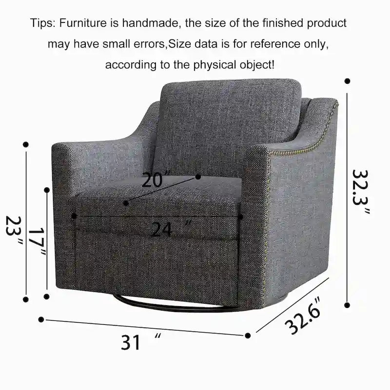 Modern Black Grey Linen Swivel Accent Armchair with Nailhead Trim