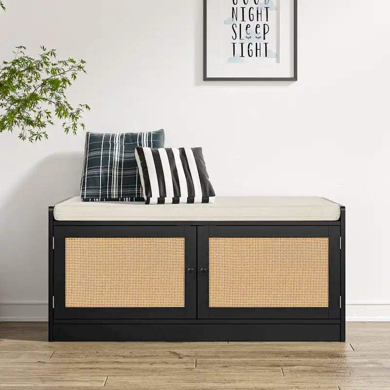 Black Rattan Door Shoe Storage Bench with Cushion and Adjustable Shelves