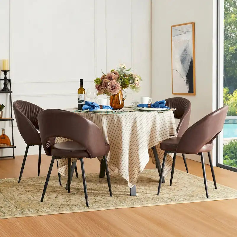 Mid-Century Modern Quilted PU Leather Dining Chair with Black Metal Legs