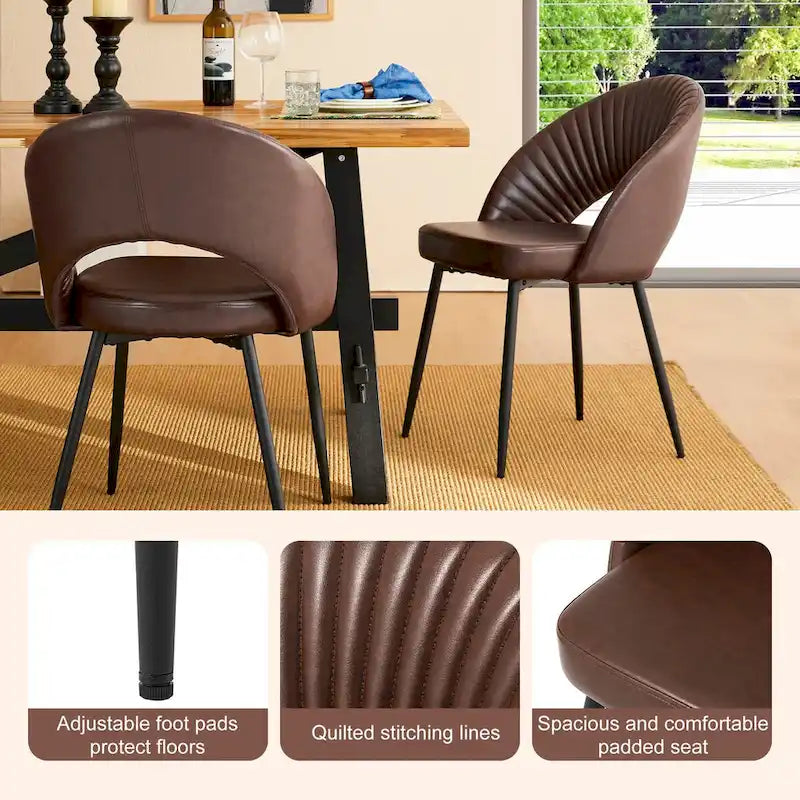 Gesteppter Esszimmerstuhl aus PU-Leder im Mid-Century-Modern-Stil mit schwarzen Metallbeinen