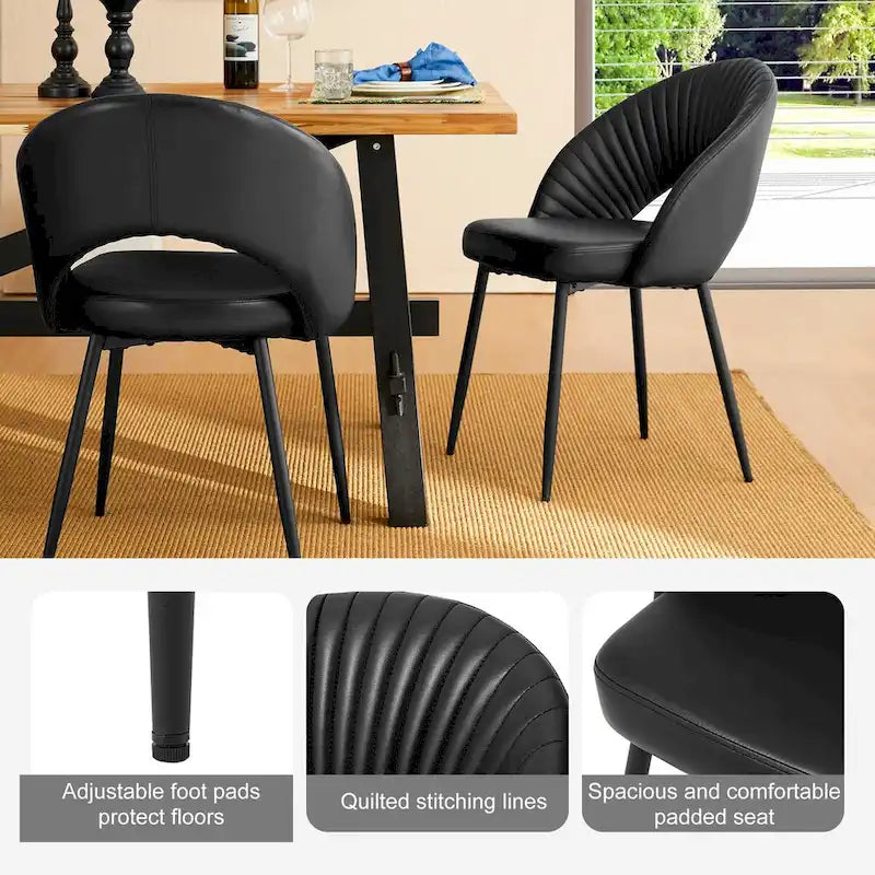 Gesteppter Esszimmerstuhl aus PU-Leder im Mid-Century-Modern-Stil mit schwarzen Metallbeinen
