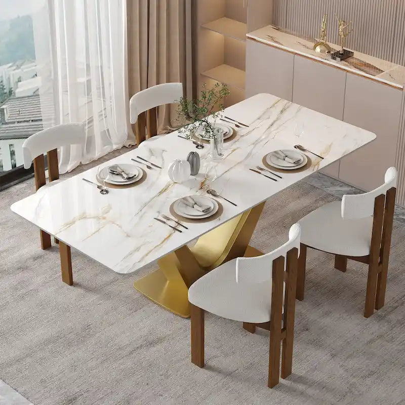 Rectangular Dining Table White Sintered Stone Top Gold V-Shape Base Seats 6
