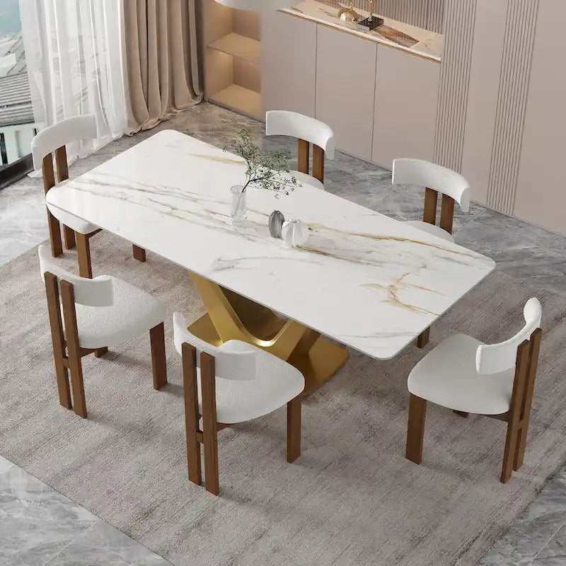 Rectangular Dining Table White Sintered Stone Top Gold V-Shape Base Seats 6