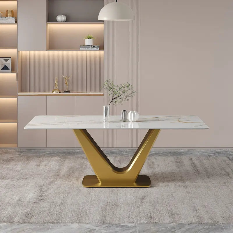 Rectangular Dining Table White Sintered Stone Top Gold V-Shape Base Seats 6