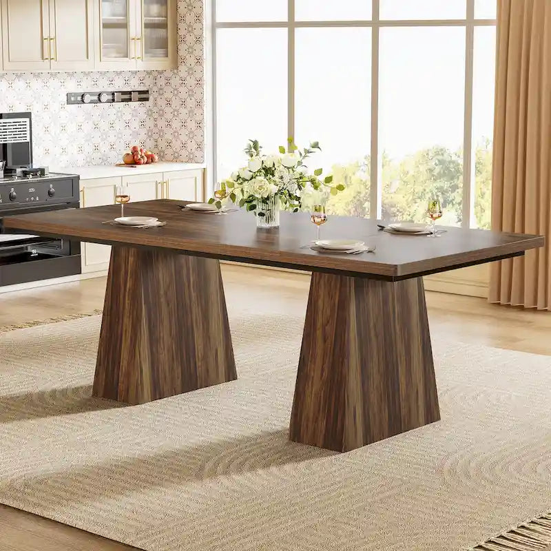 Black Wood Rectangular Dining Table with Tapered Pedestal Base