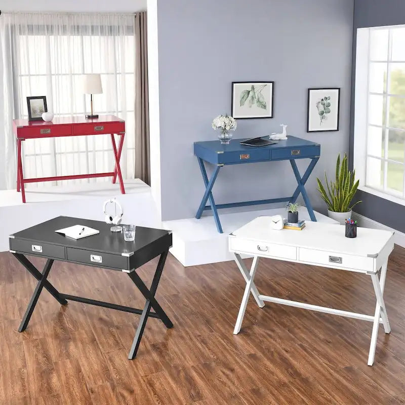 Computer-Schreibtisch aus Massivholz mit Schubladen und Stauraum, weiß, blau, rot, schwarz