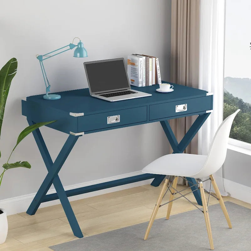 Computer-Schreibtisch aus Massivholz mit Schubladen und Stauraum, weiß, blau, rot, schwarz