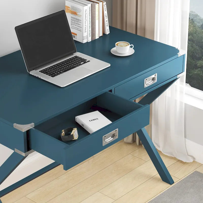 Computer-Schreibtisch aus Massivholz mit Schubladen und Stauraum, weiß, blau, rot, schwarz