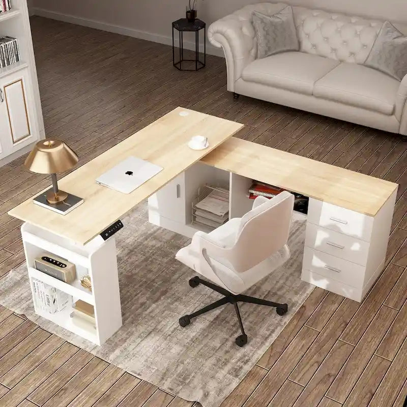 Electric Height Adjustable Standing Desk with Cabinet Storage Brown Black