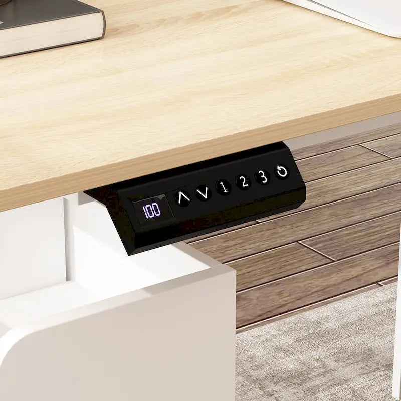 Scrivania in piedi regolabile elettricamente in altezza con mobile contenitore, marrone e nera