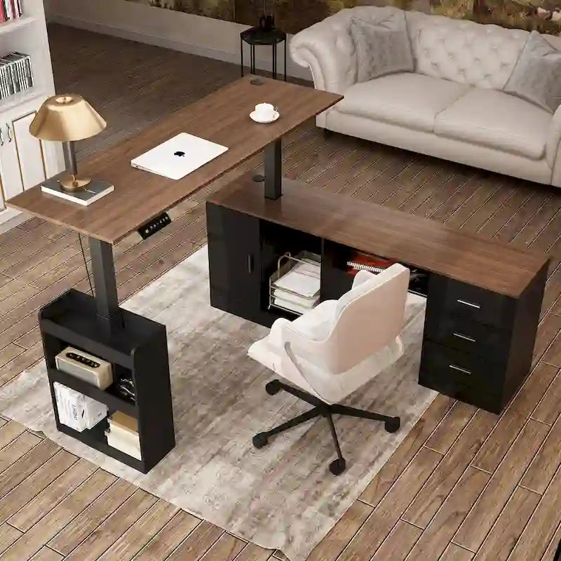 Scrivania in piedi regolabile elettricamente in altezza con mobile contenitore, marrone e nera