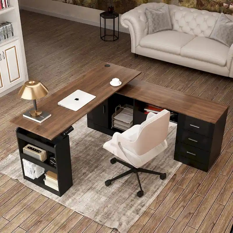Scrivania in piedi regolabile elettricamente in altezza con mobile contenitore, marrone e nera