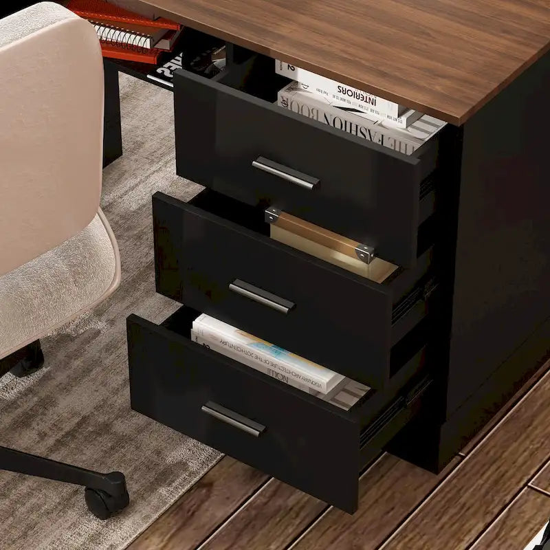 Scrivania in piedi regolabile elettricamente in altezza con mobile contenitore, marrone e nera