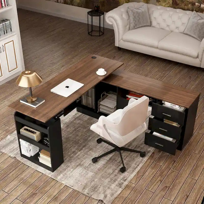 Scrivania in piedi regolabile elettricamente in altezza con mobile contenitore, marrone e nera