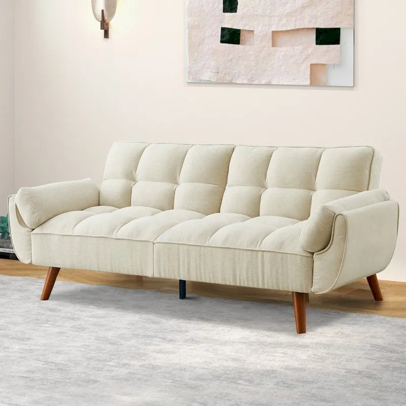 Tufted Linen Convertible Futon Sofa Bed with Solid Wood Legs