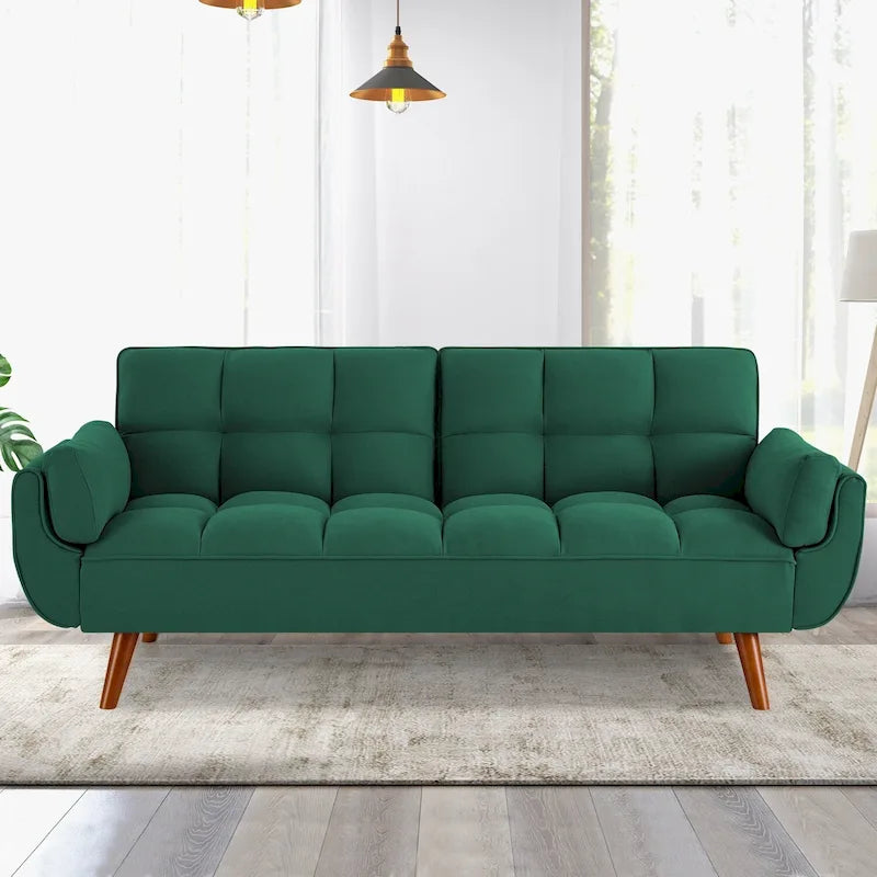 Tufted Linen Convertible Futon Sofa Bed with Solid Wood Legs
