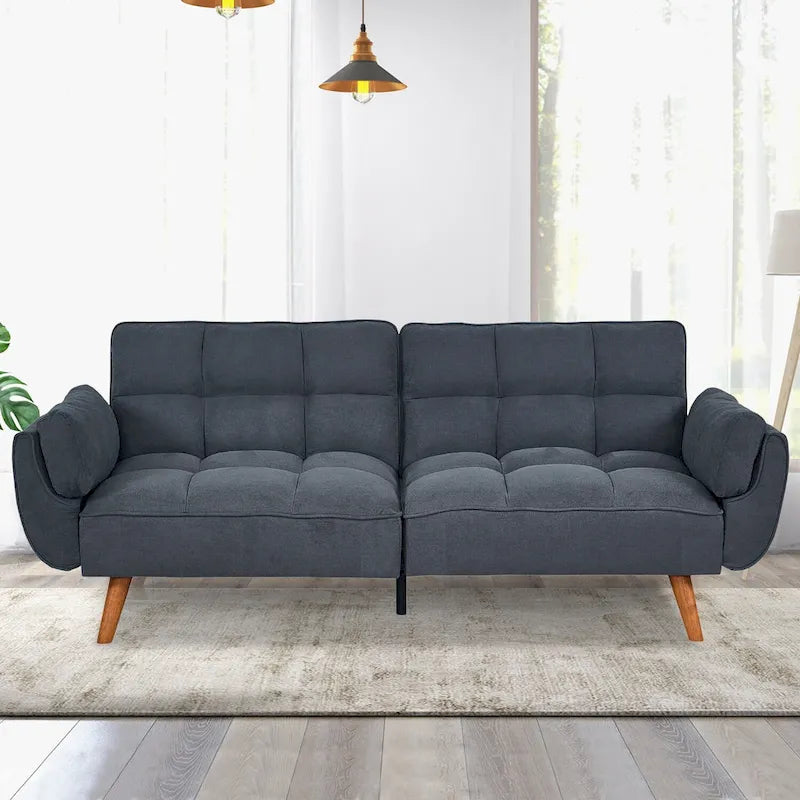 Tufted Linen Convertible Futon Sofa Bed with Solid Wood Legs