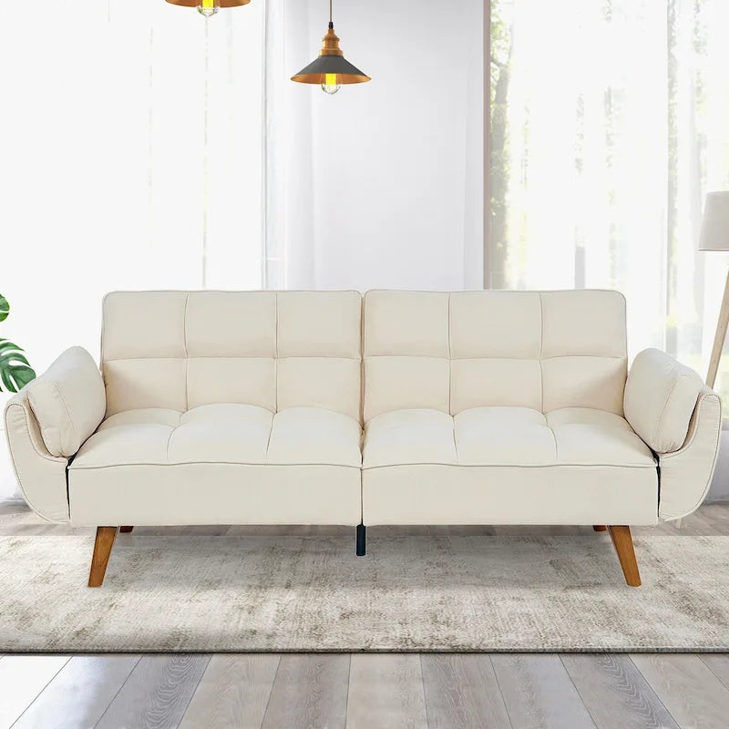 Tufted Linen Convertible Futon Sofa Bed with Solid Wood Legs