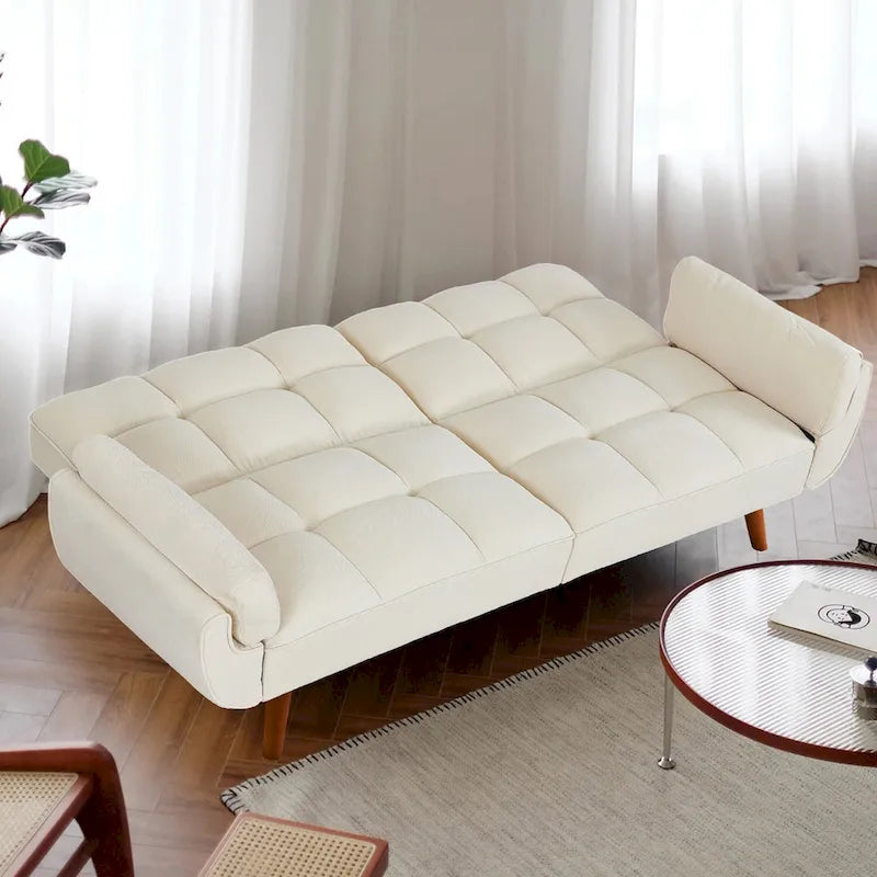 Tufted Linen Convertible Futon Sofa Bed with Solid Wood Legs