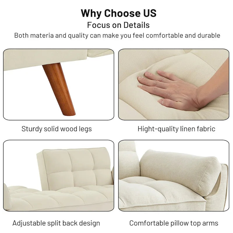 Tufted Linen Convertible Futon Sofa Bed with Solid Wood Legs