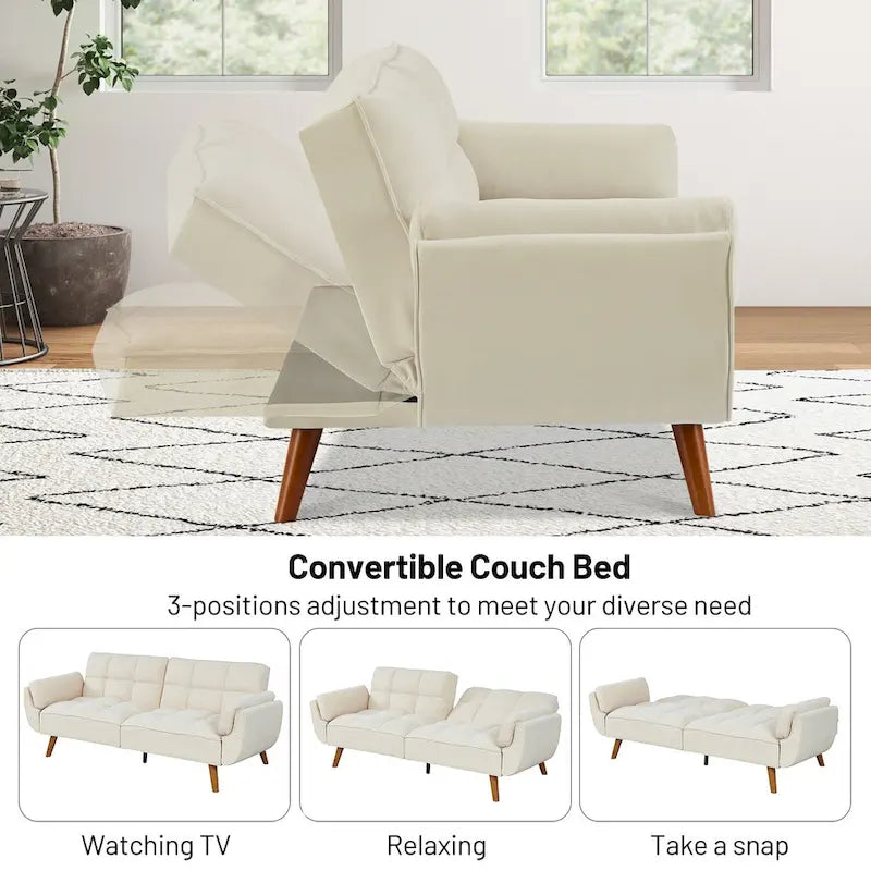 Tufted Linen Convertible Futon Sofa Bed with Solid Wood Legs