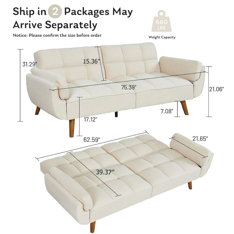 Tufted Linen Convertible Futon Sofa Bed with Solid Wood Legs
