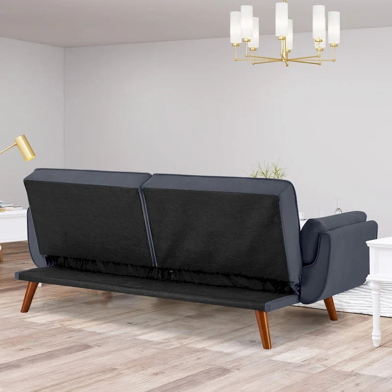 Tufted Linen Convertible Futon Sofa Bed with Solid Wood Legs