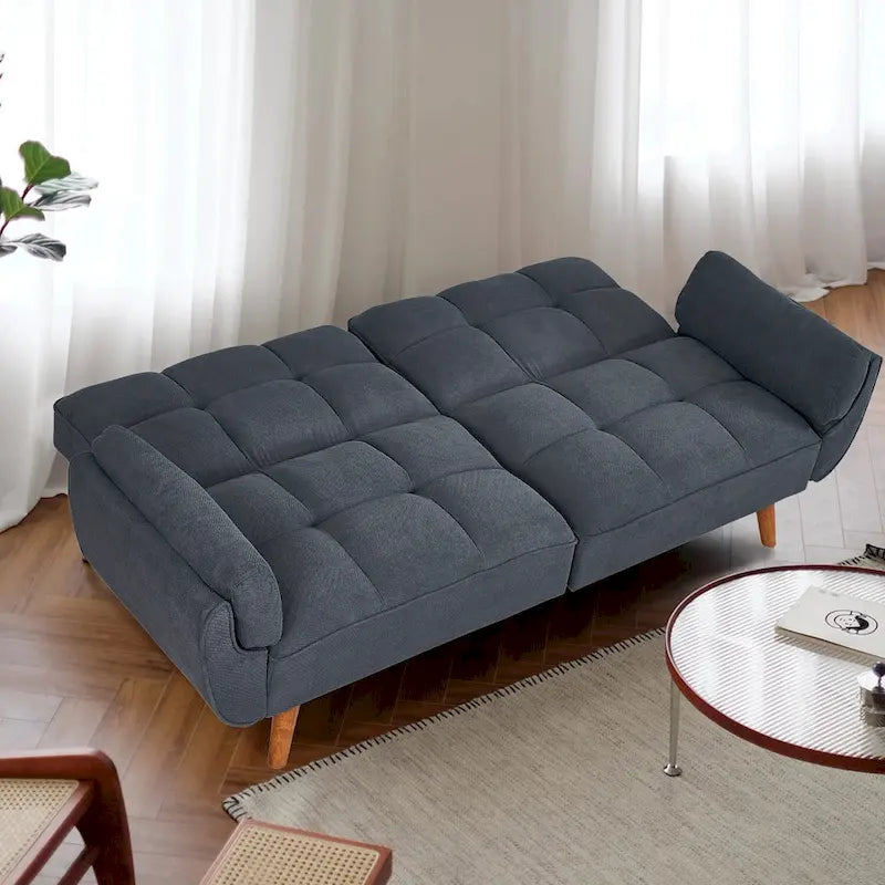 Tufted Linen Convertible Futon Sofa Bed with Solid Wood Legs