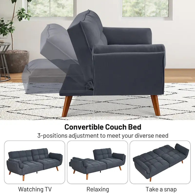 Tufted Linen Convertible Futon Sofa Bed with Solid Wood Legs
