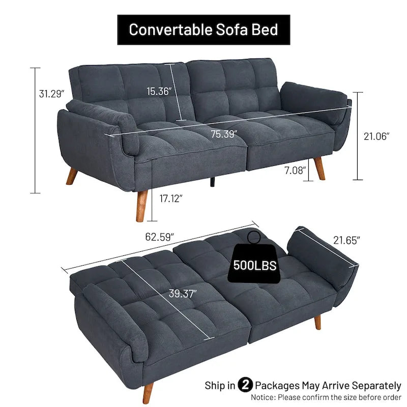 Tufted Linen Convertible Futon Sofa Bed with Solid Wood Legs