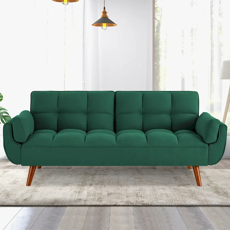 Tufted Linen Convertible Futon Sofa Bed with Solid Wood Legs