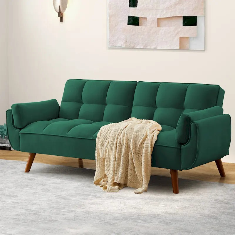 Tufted Linen Convertible Futon Sofa Bed with Solid Wood Legs