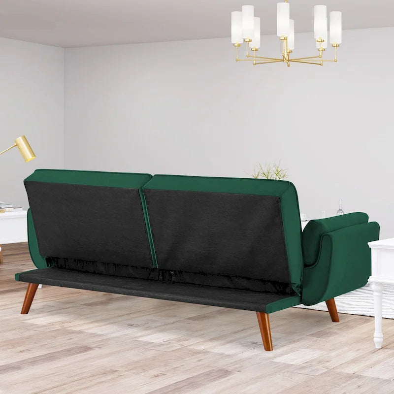 Tufted Linen Convertible Futon Sofa Bed with Solid Wood Legs