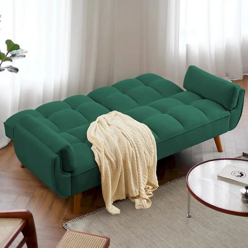 Tufted Linen Convertible Futon Sofa Bed with Solid Wood Legs