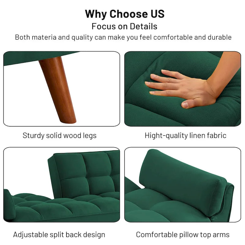 Tufted Linen Convertible Futon Sofa Bed with Solid Wood Legs