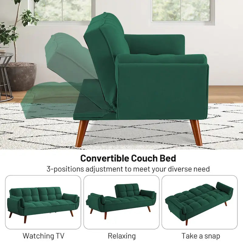 Tufted Linen Convertible Futon Sofa Bed with Solid Wood Legs
