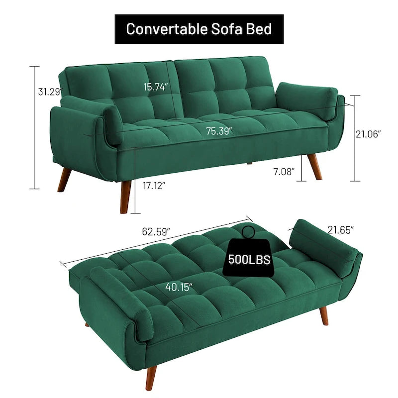 Tufted Linen Convertible Futon Sofa Bed with Solid Wood Legs