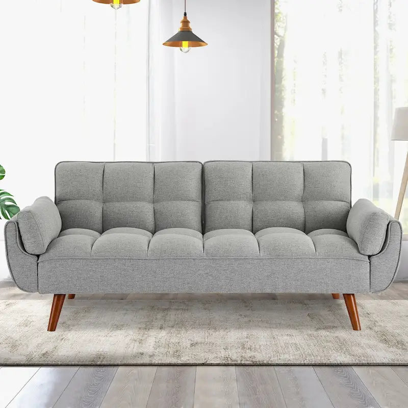 Tufted Linen Convertible Futon Sofa Bed with Solid Wood Legs