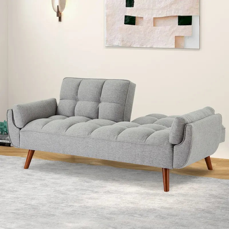 Tufted Linen Convertible Futon Sofa Bed with Solid Wood Legs