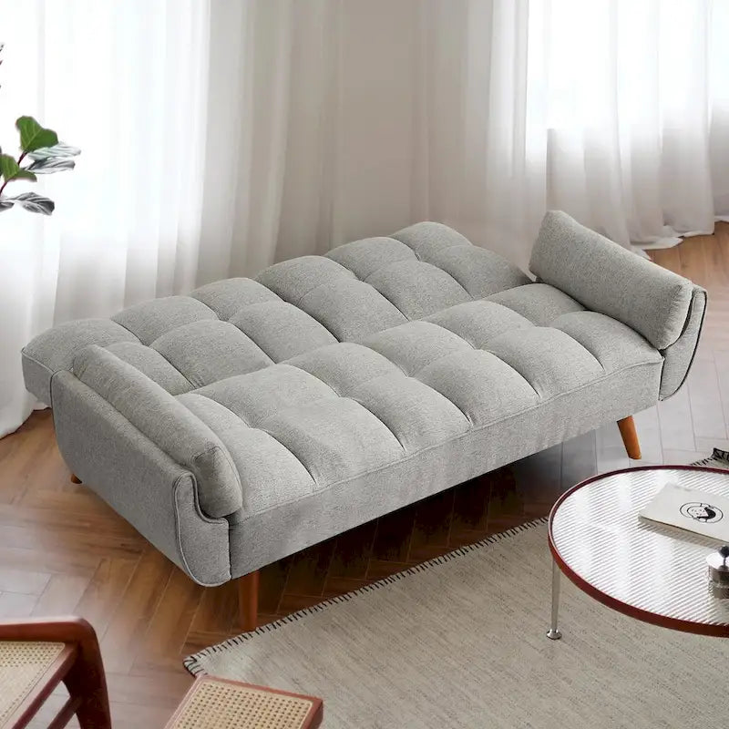 Tufted Linen Convertible Futon Sofa Bed with Solid Wood Legs