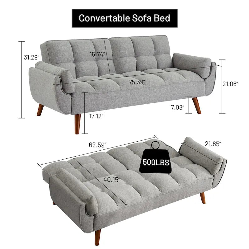 Tufted Linen Convertible Futon Sofa Bed with Solid Wood Legs