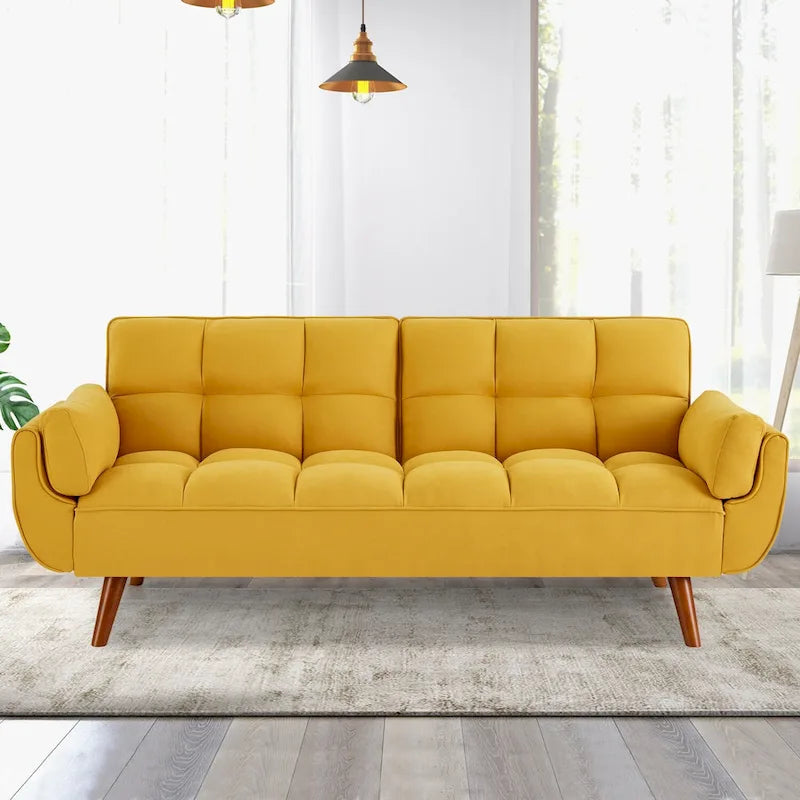 Tufted Linen Convertible Futon Sofa Bed with Solid Wood Legs