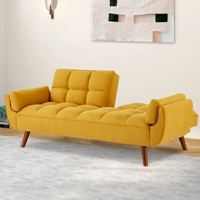 Tufted Linen Convertible Futon Sofa Bed with Solid Wood Legs