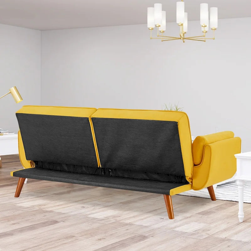 Tufted Linen Convertible Futon Sofa Bed with Solid Wood Legs